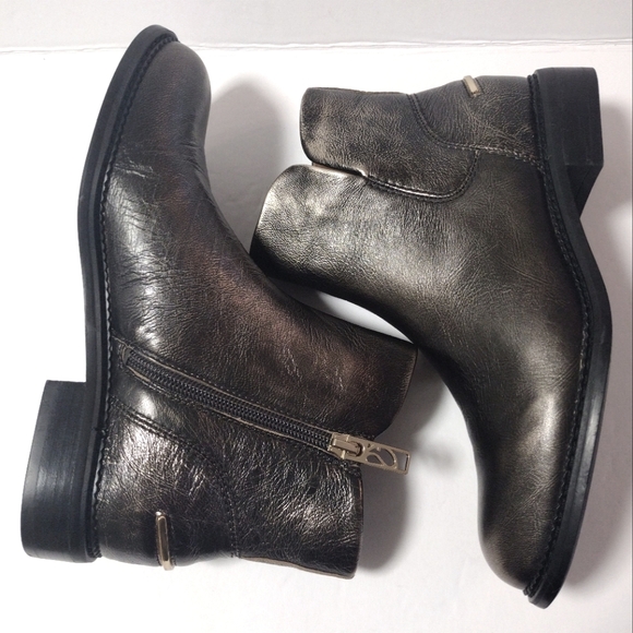 Franco Sarto Women's Happily Ankle Gold Leather Almond Toe Stacked Heel Booties - Picture 9 of 12